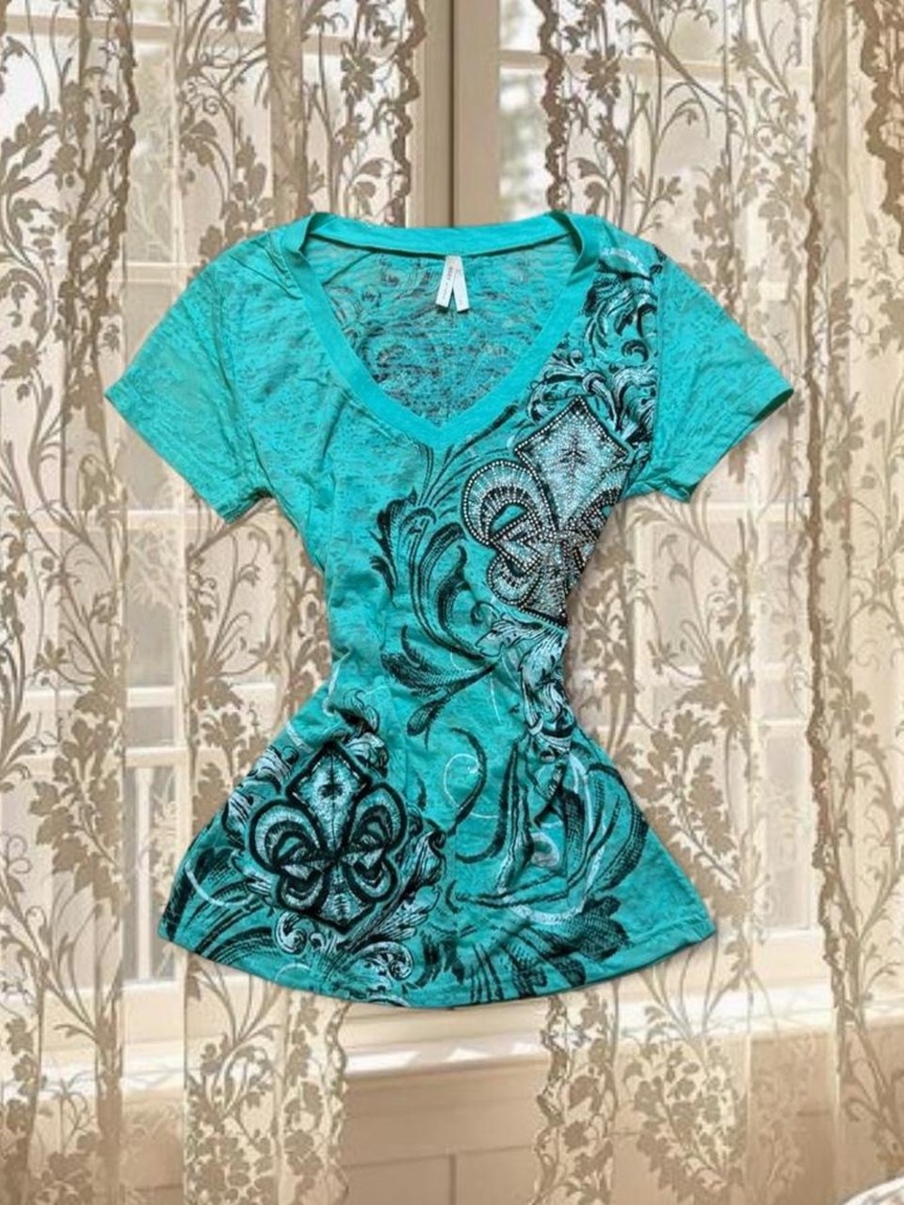 Vintage Y2K Deadstock Bedazzled Rhinestone Mcbling Fleur de Lis Short Sleeve Top